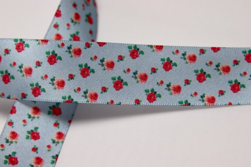 Satinband Blumen - Hoodieband - blau - 25 mm